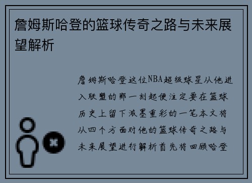 詹姆斯哈登的篮球传奇之路与未来展望解析